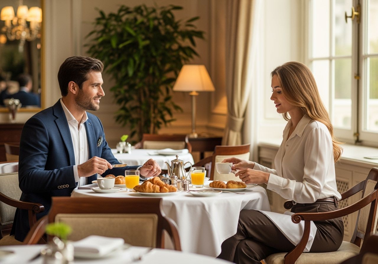 Para w eleganckim hotelu przy śniadaniu z kawą, świeżymi wypiekami i sokiem, naturalne światło, rośliny w tle.