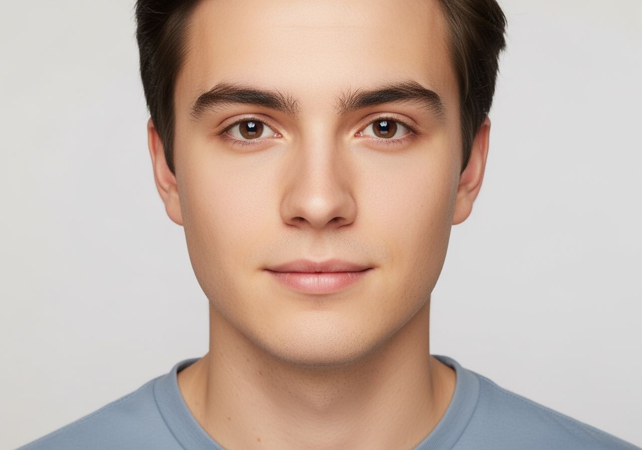 Młoda osoba w prostej koszulce na neutralnym tle, patrząca spokojnie w obiektyw od klatki piersiowej wzwyż