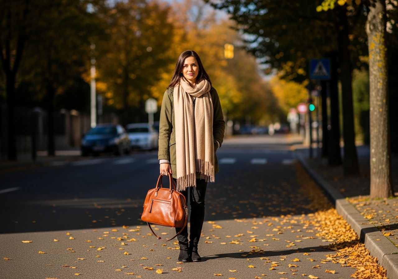 Kobieta w oliwkowej kurtce, beżowym szaliku i brązowej torebce na miejskiej ulicy jesienią