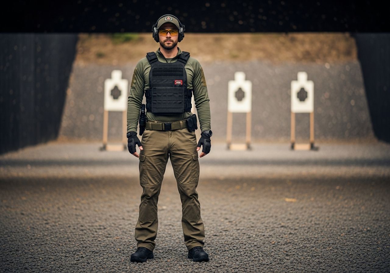 Osoba na strzelnicy w okularach ochronnych i kamizelce taktycznej stoi przed tarczą w jasnym świetle dnia.