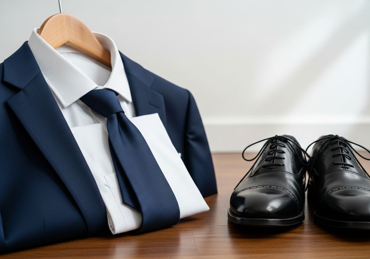 Klasyczna granatowa marynarka, biała koszula, jedwabny krawat i czarne skórzane oksfordy na drewnianej podłodze