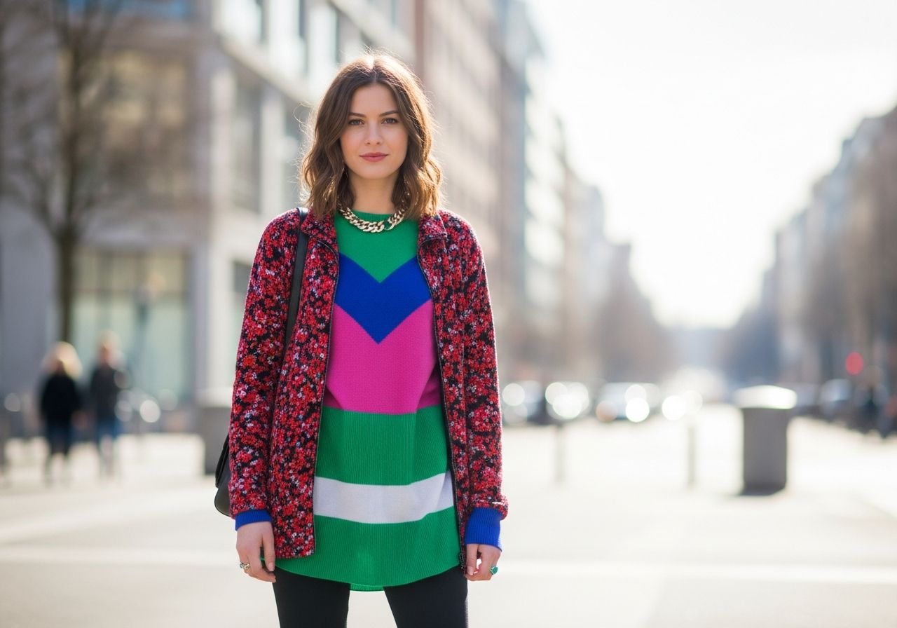 Młoda kobieta w modnych ubraniach stoi pewnie na ulicy w miejskim otoczeniu z rozmytym tłem miasta