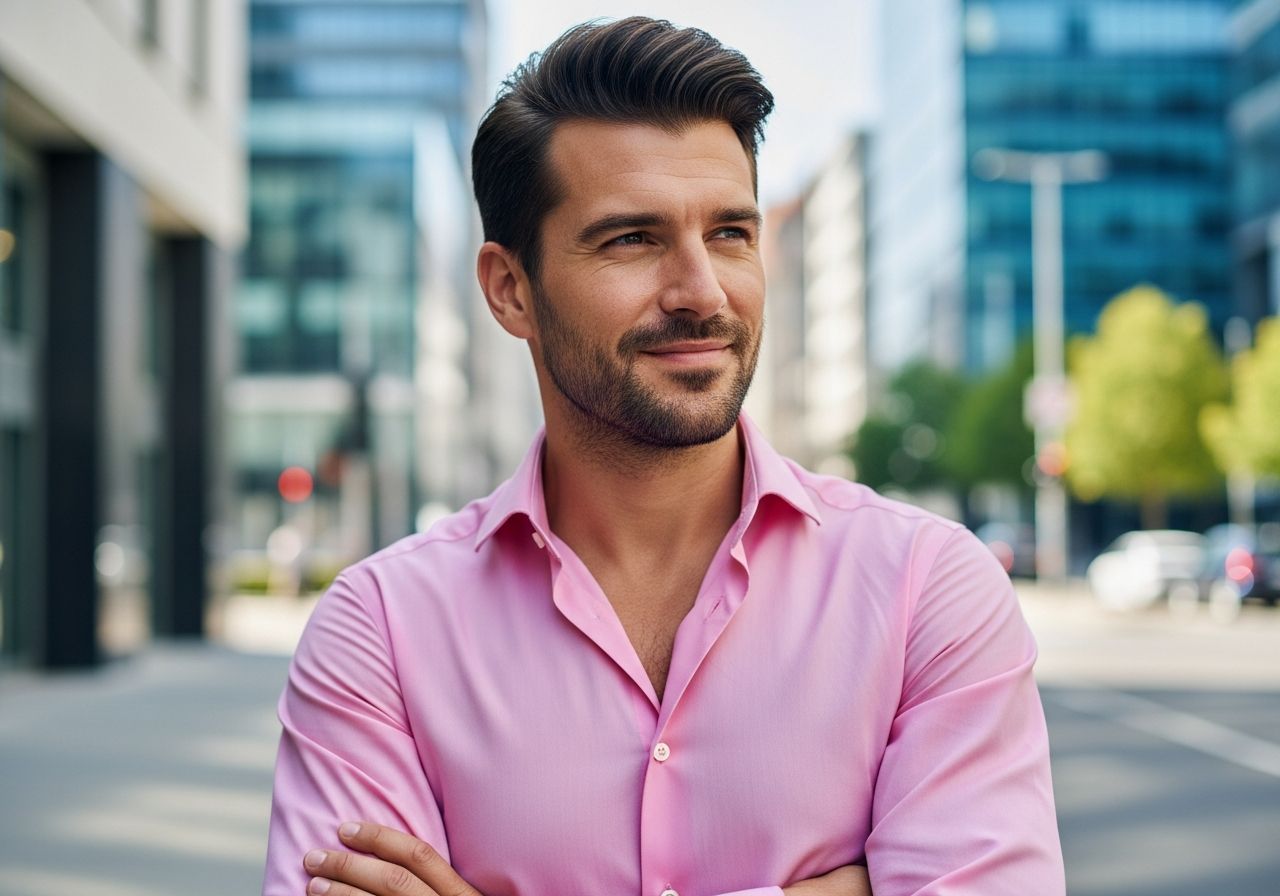 Mężczyzna w różowej koszuli stoi na tle nowoczesnego miasta, z rękami skrzyżowanymi, uśmiechnięty.