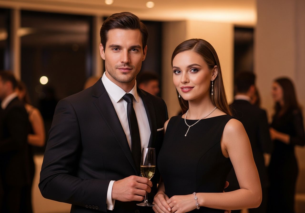 Elegancka para na wieczornej imprezie, mężczyzna w garniturze z kieliszkiem szampana, kobieta w czarnej sukience.