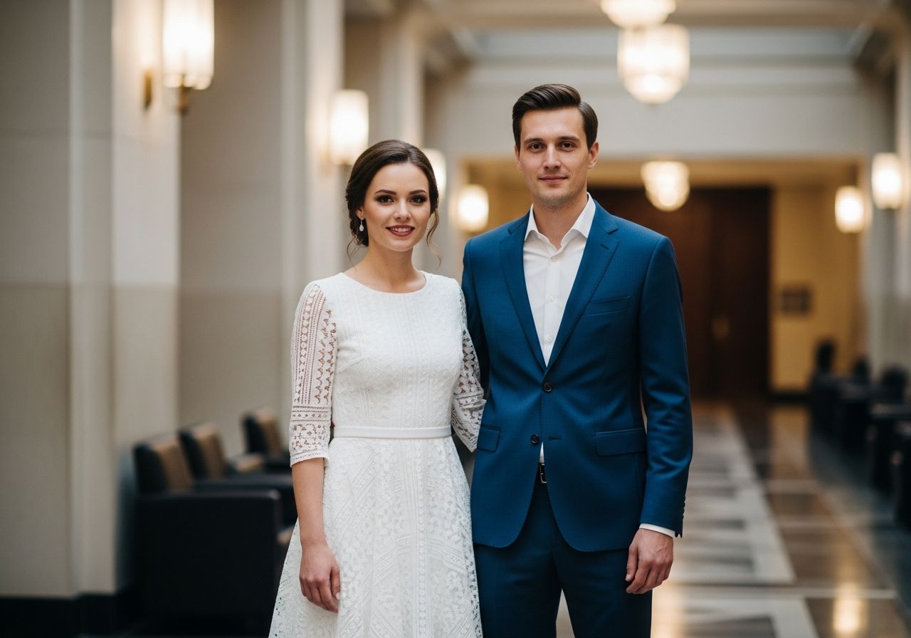 Para młoda stoi obok siebie w nowoczesnym urzędzie miasta, panna młoda w białej sukience, pan młody w granatowym garniturze