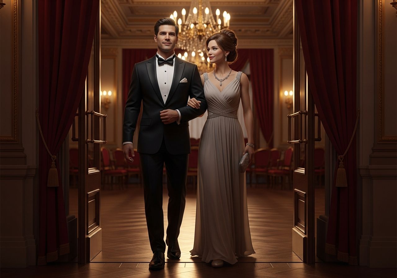 Para w eleganckich strojach wchodząca do sali filharmonii z luksusowym wnętrzem i ciepłym oświetleniem