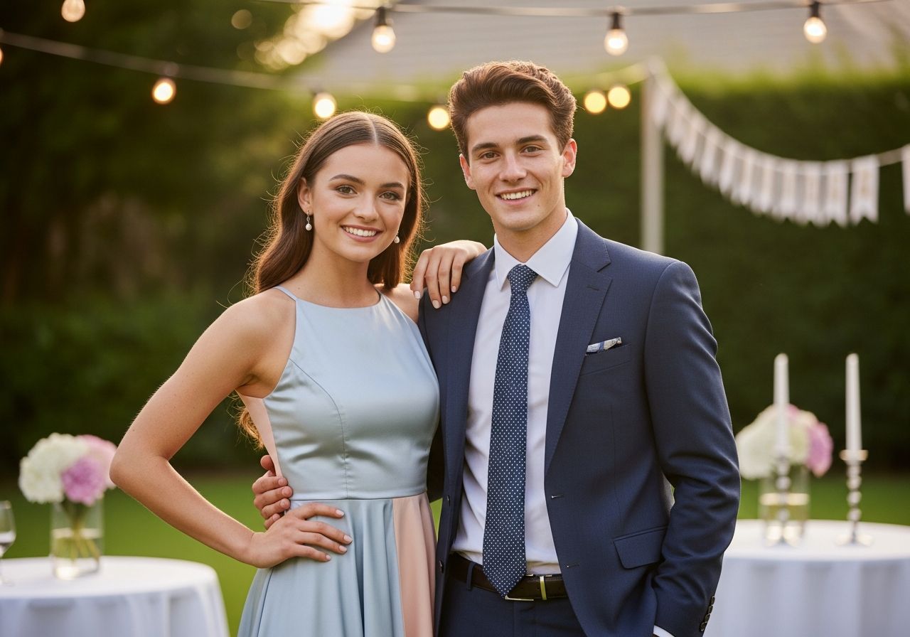 Młoda para świętuje osiemnaste urodziny na przyjęciu w ogrodzie przy dekoracjach świetlnych.