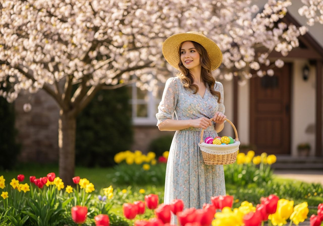 Kobieta w pastelowej sukience i kapeluszu z koszykiem pisanek w ogrodzie wielkanocnym wiosną