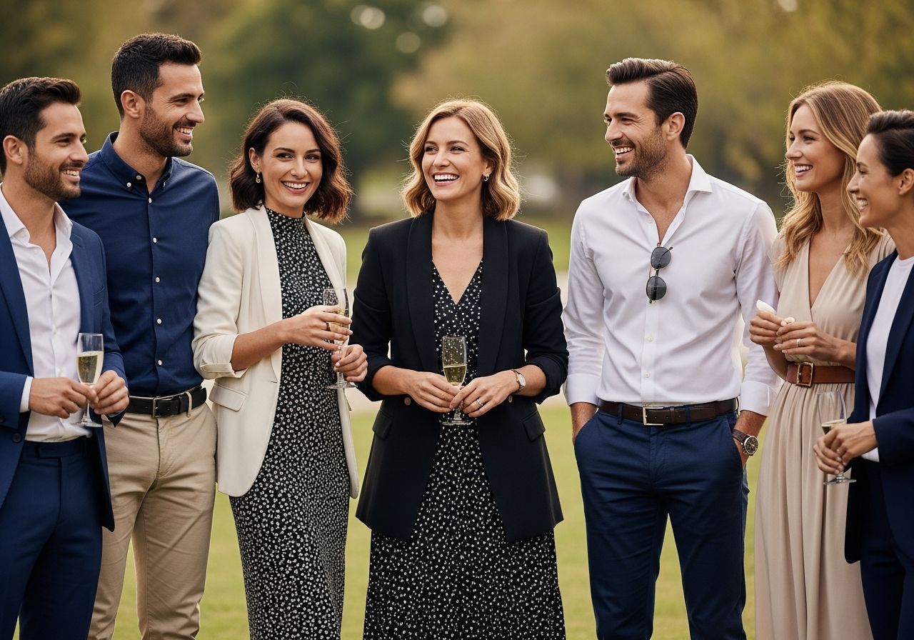 Grupa dorosłych w stylowych ubraniach rozmawia i uśmiecha się podczas spotkania na świeżym powietrzu.