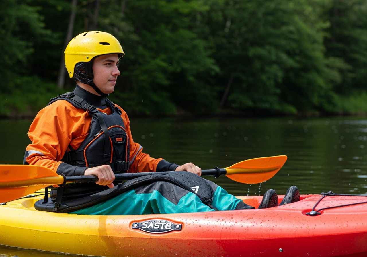 Młoda osoba w kajaku na spokojnej rzece w lesie, ubrana w wodoodporny strój i kamizelkę asekuracyjną