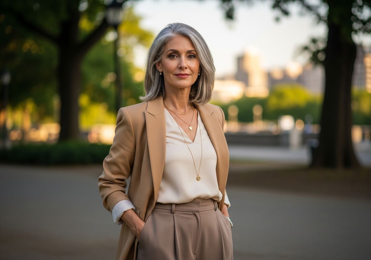 Dojrzała kobieta w eleganckim ubraniu stoi w miejskim parku w naturalnym popołudniowym świetle.