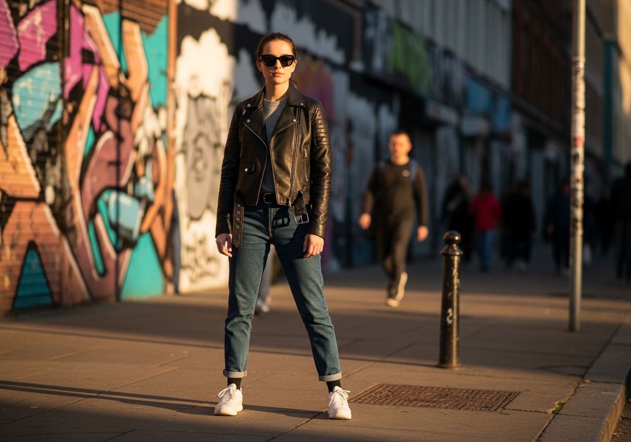 Młoda kobieta w czarnej skórzanej kurtce i jeansach stoi na ulicy z graffiti w tle o zachodzie słońca