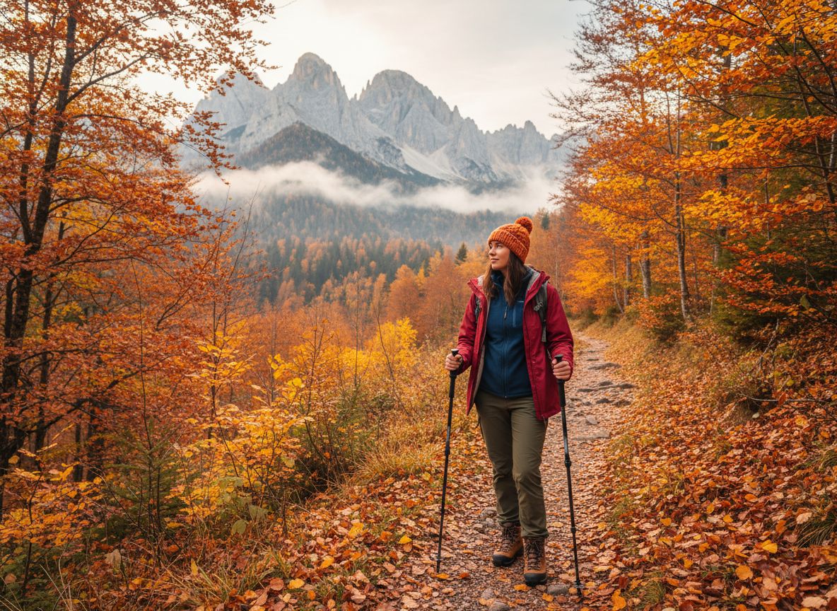 Kobieta na leśnej ścieżce w górach jesienią w odzieży trekkingowej otoczona kolorowymi liśćmi