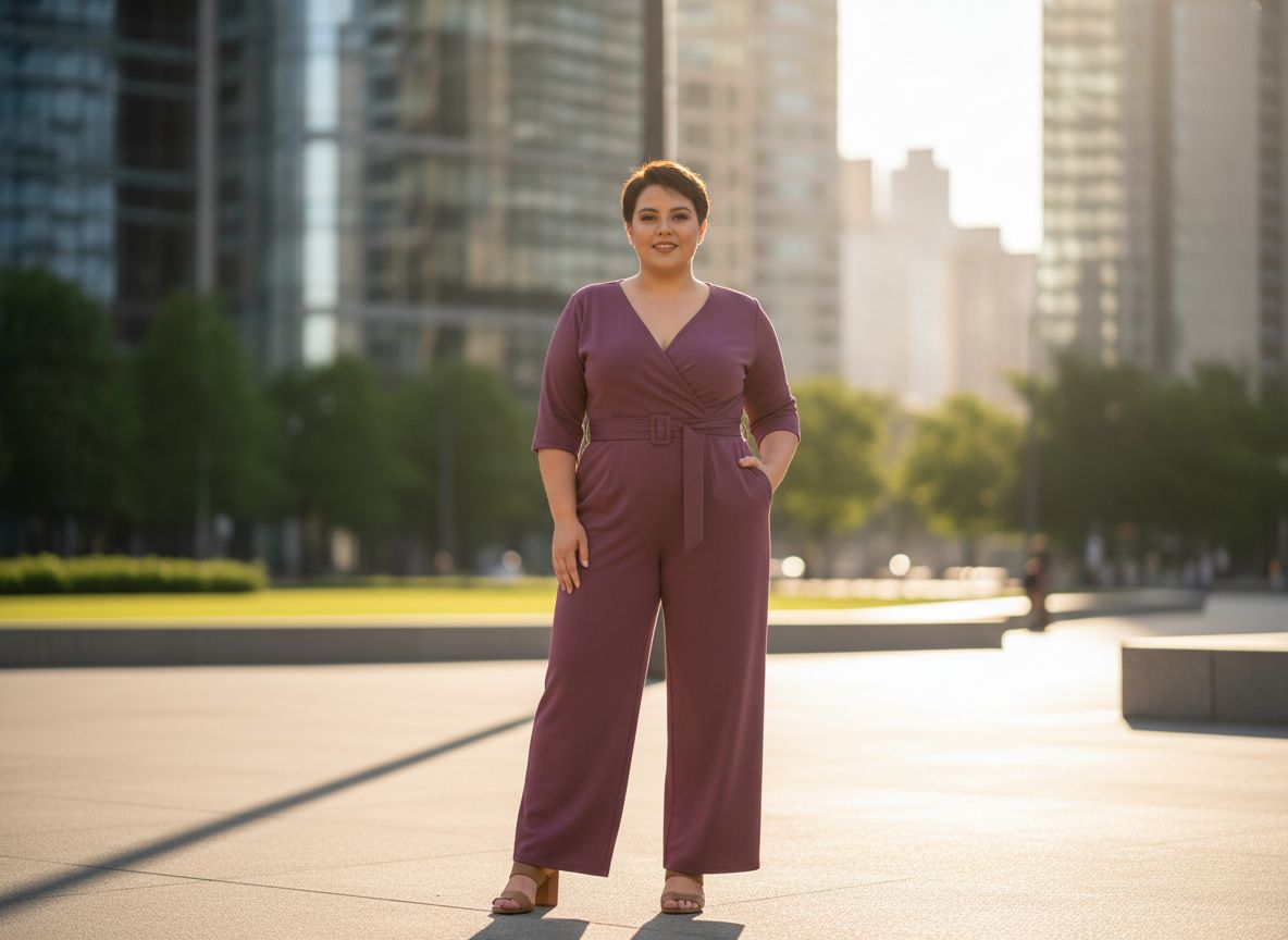 Pewna siebie kobieta plus size o niskim wzroście w modnym ubraniu na miejskim tle w naturalnym świetle